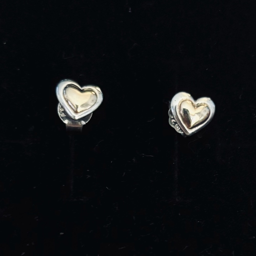 Pandora Silver and 14 k Heart tiny Earrings Modern Design